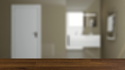 Spacious bathroom in gray tones with heated floors, freestanding. Background with empty wooden table. Flooring.