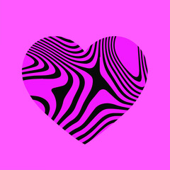 Heart with trippy psychedelic pattern on pink background. The 70s hippie style print for cover, t-shirt of poster.