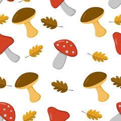 A pattern of brown and red mushrooms and yellow and brown leaves in a flat style. Vector image.