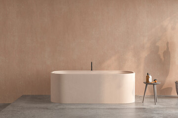 A beige bathtub standing on a concrete floor with beige wall background. Minimalist bathroom with concrete floor, a table with accessories on it, 3d rendering