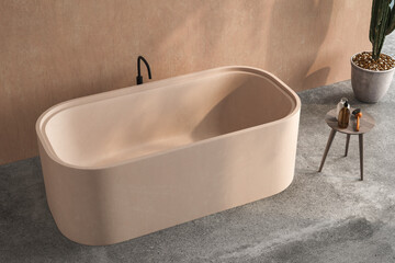 Top view a beige bathtub standing on a concrete floor with beige wall background. Minimalist bathroom with concrete floor, a table with accessories on it, 3d rendering