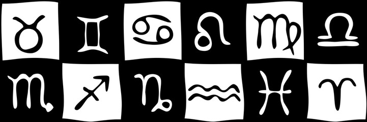 Zodiac signs, seamless border, hand drawn, vector design