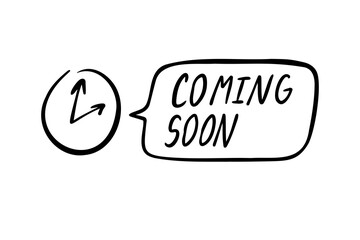 Handwritten phrase Coming Soon. Outline doodle simple sketch drawing style. 