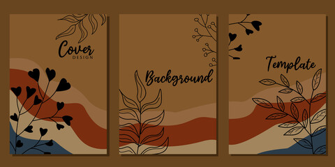 brown color cover template set. aesthetic style abstract background design with hand drawn floral elements. for presentations, brochures, catalogs