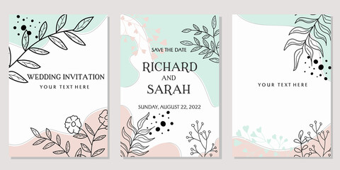 set of wedding invitation cover templates. beautiful and elegant design on abstract background with hand drawn floral elements and circle shape.