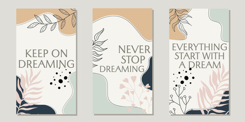 set of quote designs for social media stories. pastel color background with floral hand drawn ornament. aesthetic design