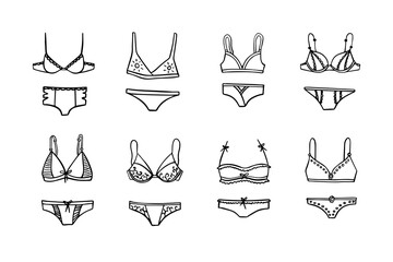 women underwear Collection of fashionable. Doodle outline hand drawn style. bra and panties - obrazy, fototapety, plakaty