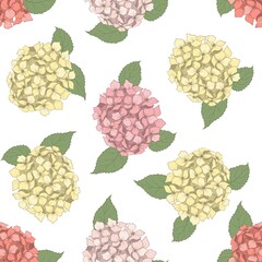 Seamless pattern with beautiful hydrangea flowers and leaves. Vector illustration.