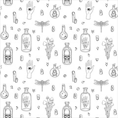 Magic hand drawn seamless pattern on white background. Vector pattern with alchemy bottles, sculls, insects, runes, mushrooms, crystals, mystic occult elements, alchemy sings and celestial symbols