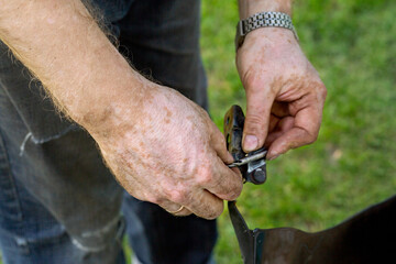 The hands of a man with vitiligo do preliminary work to repair the machine, measure whether the screw fits. Men's housework