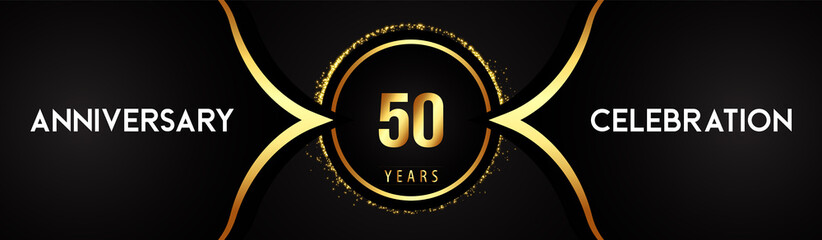 50 years anniversary celebration logotype with circle glitter sparkle on black background. Premium design for banner, birthday party, weddings, event party, graduation, poster, greetings card.