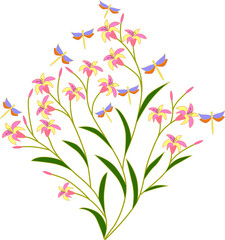 Lily blossom vector, dragonflies fly. For printing on fabric. Pink lilies with green stems.