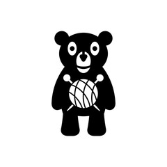 Knitted plush toy with cartoon bear illustration, knitting needles and ball of thread. Isolated vector drawing on white background.