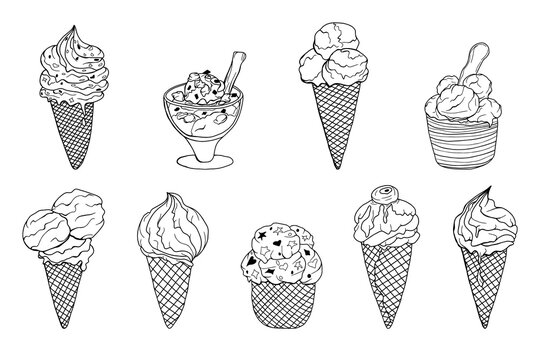 Set of hand drawn ice cream in a cone, bowl and cup