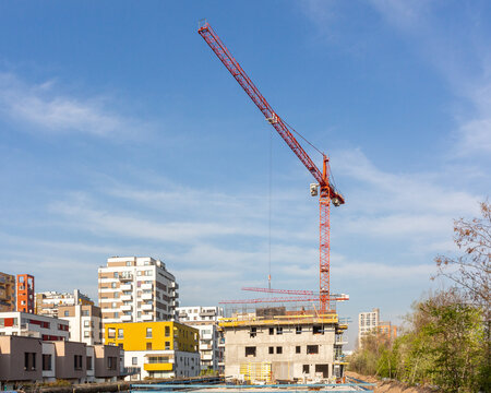 Crains on construction site of building. Construction background copy space