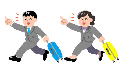キャリーケースを持って移動する旅行するスーツ男女