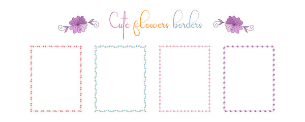 Set of borders flowers patterns  in bright tones on a white background for embellishments, cards, scrapbook, frames, paper decorations, weddings and more.