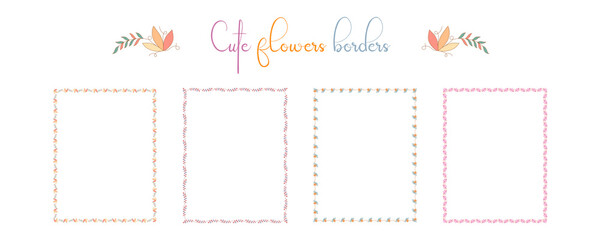 Set of borders flowers patterns  in bright tones on a white background for embellishments, cards, scrapbook, frames, paper decorations, weddings and more.