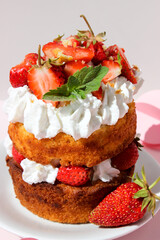 High mini cake with cream and strawberries.