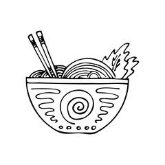 bowl of kitchen tools doodles. Hand drawn vector black silhouette  illustration on white background. Clipart for restaurant menu, recipe book, and wallpaper.