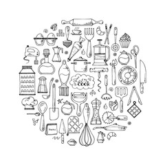 Vector circle  background of kitchen tools. Hand drawn doodle cooking equipments. illustration for restaurant menu, recipe book, and wallpaper.