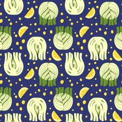 Seamless pattern of healthy fennel vegetable with lemon. Herb bulb. Cut fennel root for cooking. Vegetarian food. Medical plant. Cooking ingredient for culinary menu. Hand drawn sketch vector