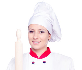 Woman chef holding rolling pin isolated on white background