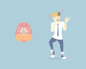 man with headache and human brain, brain tumor cancer symptom, healthcare concept, internal organs anatomy body part nervous system, vector illustration cartoon flat character design clip art