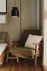 Elegant Scandinavian hygge home bedroom interior: bed, linens cloth, chair, pillow, curtains....
