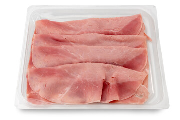 Slices of cooked ham in plastic food tray for sale in supermarket, Top view isolated on white with clipping path included.