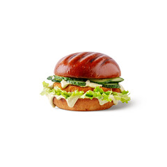 Hamburger with sauce, chicken cutlet, salad and cucumber