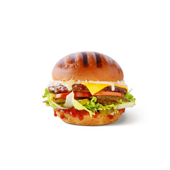 Hamburger with sauce, pork cutlet, salad, pickled cucumbers