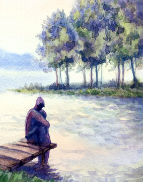 Watercolor landscape. Father and son by the lake