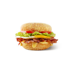 Hamburger with sauce, bacon, egg, lettuce, tomatoes
