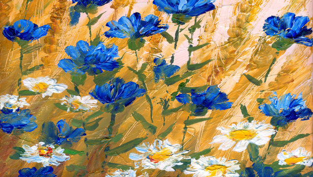 Cornflowers in a wheat field. Oil painting