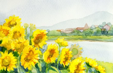 Wall murals Yellow Watercolor landscape. Sunflower field near the river