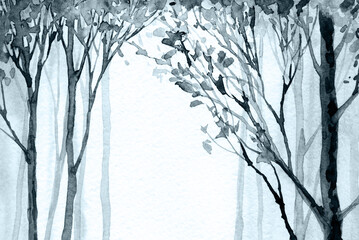 Trees in the winter forest. Watercolor landscape