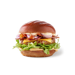 Hamburger with sauce, pork cutlet, bacon, salad, onion