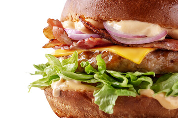 Hamburger with sauce, pork cutlet, bacon, salad, onion