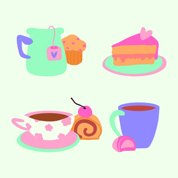 Tea, cakes vector set. Tea, coffee, cakes party. Flat style bakery menu design.