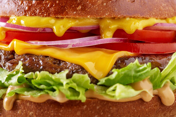 Hamburger with pork cutlet, lettuce, onion, tomatoes, cheese