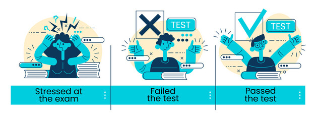 Exams isolated cartoon vector illustrations set, Stressed at the exam, Failed the test, Passed the test.