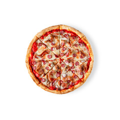 Pizza with bacon, cheese and sausages