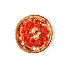 Pizza with salami, cheese and sausages