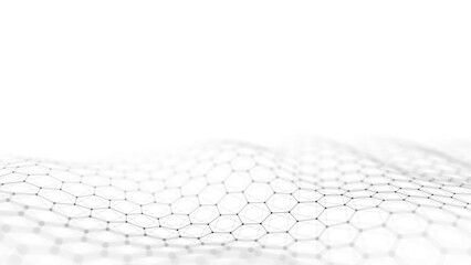 Abstract white futuristic hexagon wave with moving dots. Flow of particles. Technology illustration. 3d rendering