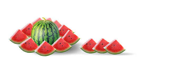 Watermelon. Composition of sliced watermelon slices on a white background, banner, postcard.