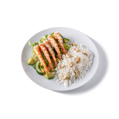Rice with cashews, avocado, shrimp cucumbers, salad