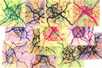 Collage, colored office stickers, pencil drawing.