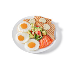 Fried toast bread with salmon slices, avocado, cucumbers
