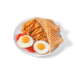 Fried toast bread with fried eggs, breaded fried meat
